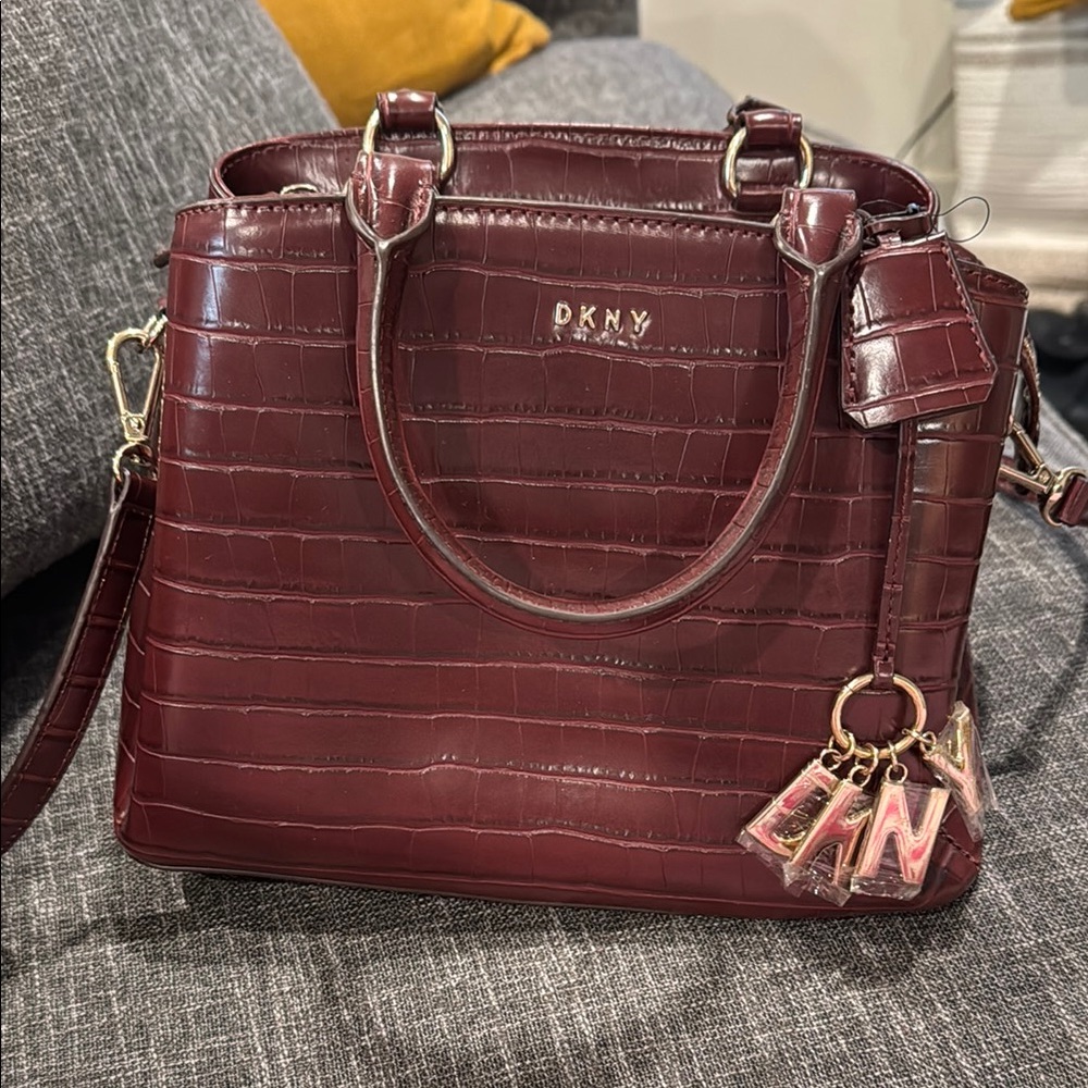 DKNY Maroon Satchel with Croc-Embossed Texture